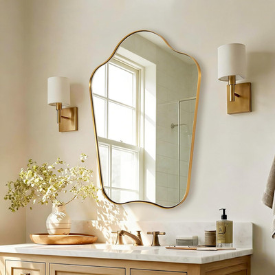 Brushed Brass Scalloped Gold Mirror - 24x32 Irregular Design for Bathroom & Vani