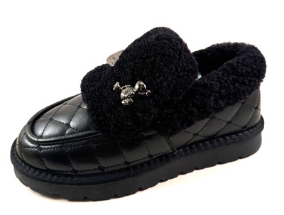 Lonza 2022-3B / Fiato Black/Black Leather Natural Fur Loafer Shoe