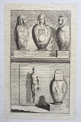 Antike architektonische Gravur 1704 Ägyptische Vordachgefäße und eine Statue