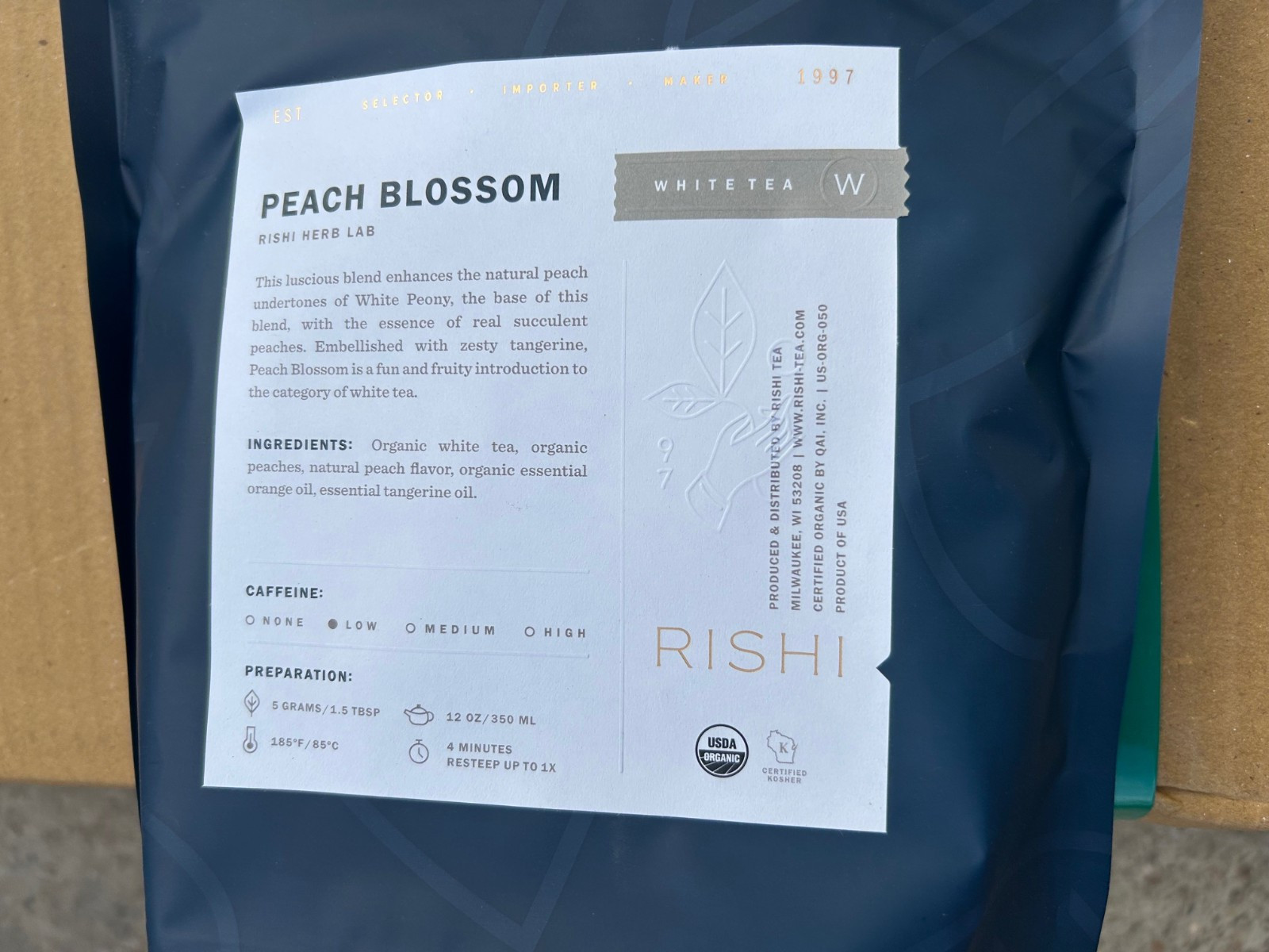 Rishi Tea Peach Blossom 12oz low caffiene BB 6/2027 White Organic