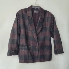 Rothschild Wool Plaid Blazer Size 10 Made in Switzerland Double Breasted Grey