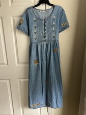 Vintage Jane Ashley Blue Denim Tie Back Garden Patchwork Cottagecore Dress Large