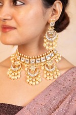 Handmade Royal Polki Pearl Stone Beads Chandbali Bridal Necklace Set Jewelry