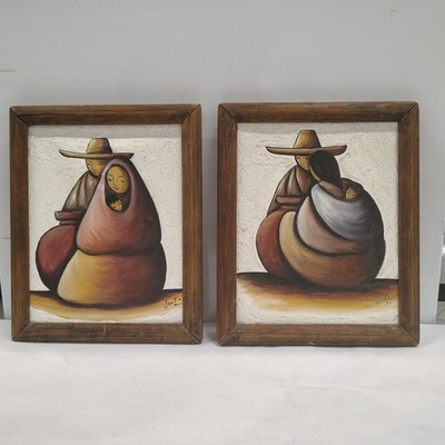 J Ortiz Mexican Folk Art Paintings Oil On Canvas Family Vtg 1994