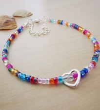 Adjustable Anklet Ankle Bracelet Seed Bead Multicoloured Rainbow Floating Heart