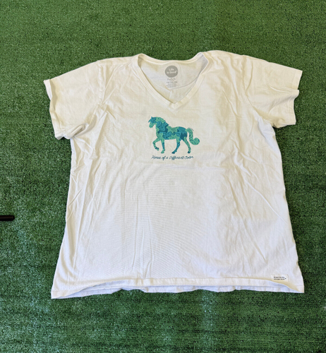 Life Is Good Women's T Shirt Size XXL White Horse Cute Short Sleeve Tee FLAWS