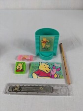 Vintage Winnie The Pooh Stationery Set Pencil Holder Ruler Eraser Clip Paper NEW
