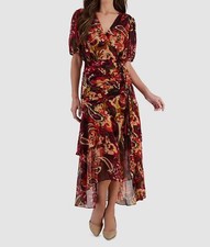 Tahari ASL Women's Red Printed Ruched Drawstring V-Neck A-Line Dress Size 8