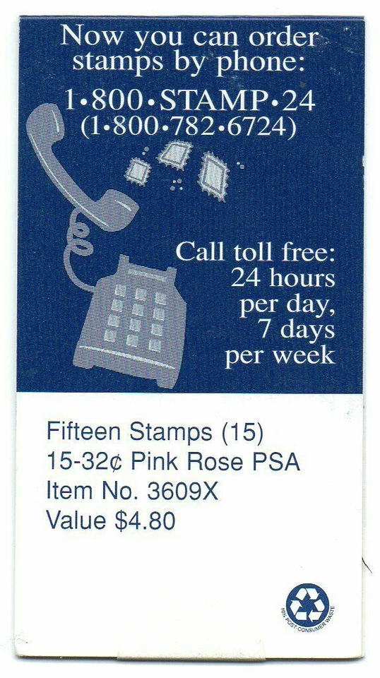 MAKESHIFT #BK178B 1995 32 cent PINK ROSE No. 3609X booklet of 15 stamps Mint NH - Image 2 of 2
