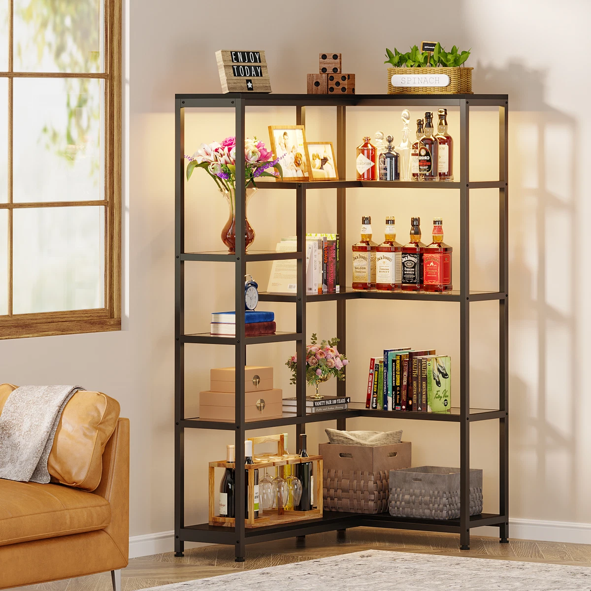 Black Corner Bookcase with LED Light Modern Wood Bookshelf