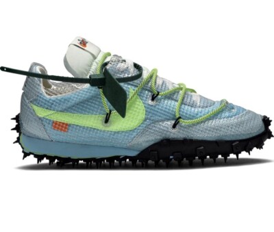 off white waffle racer vivid sky on feet