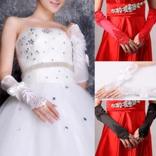 Women Party Bridal Wedding Fingerless Lace Stretch Satin Bowknot Gloves US