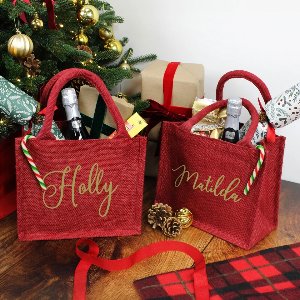 Personalised Christmas Gift Bag Red Christmas Party Bag Small Xmas Jute Bag - Image 2 of 4