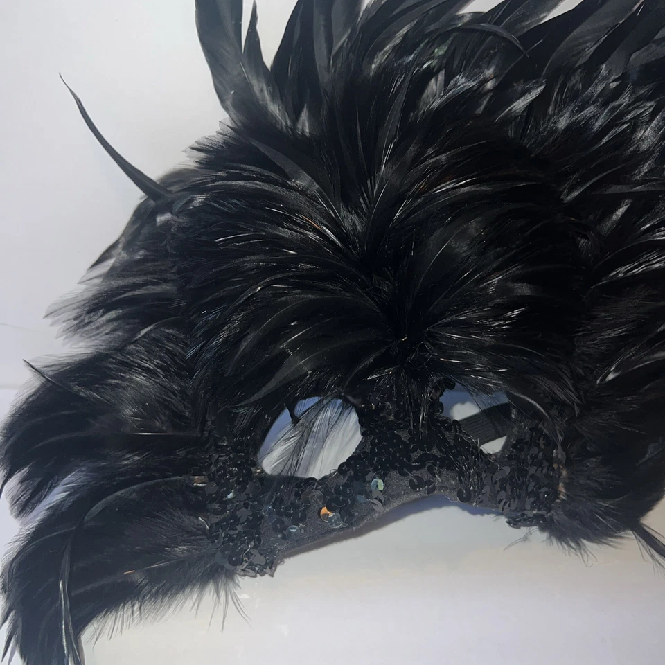 Máscara de plumas máscara de plumas carnaval máscara de plumas pluma lateral negra lentejuelas completas Foto 2 de 4