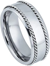 8mm High Polished Semi-Domed with Rope Stainless Steel Inlaid Wedding Band Ring