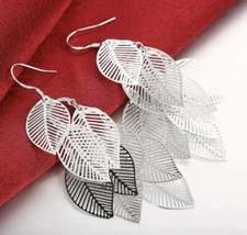 925 sterling silver Sp Shiny Leaf Long Dangle Earrings