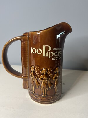 Vintage Seagrams 100 Pipers Scotch Whiskey Brown Glazed Pitcher From NY 7'' rare