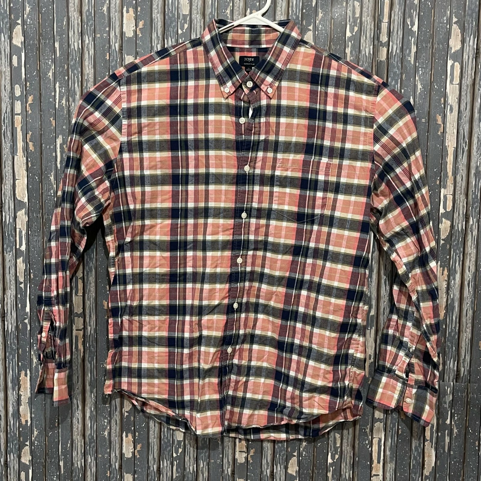 J Crew Summer Plaid Shirt Mens XL Red Plaid Button Up Long Sleeve Casual Modern