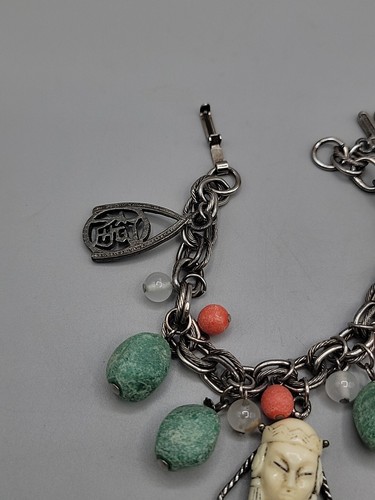 Selina Signed Asian Princess Bracelet 7" Silver Tone Vintage Dangling Glass Bead - Picture 14 of 14