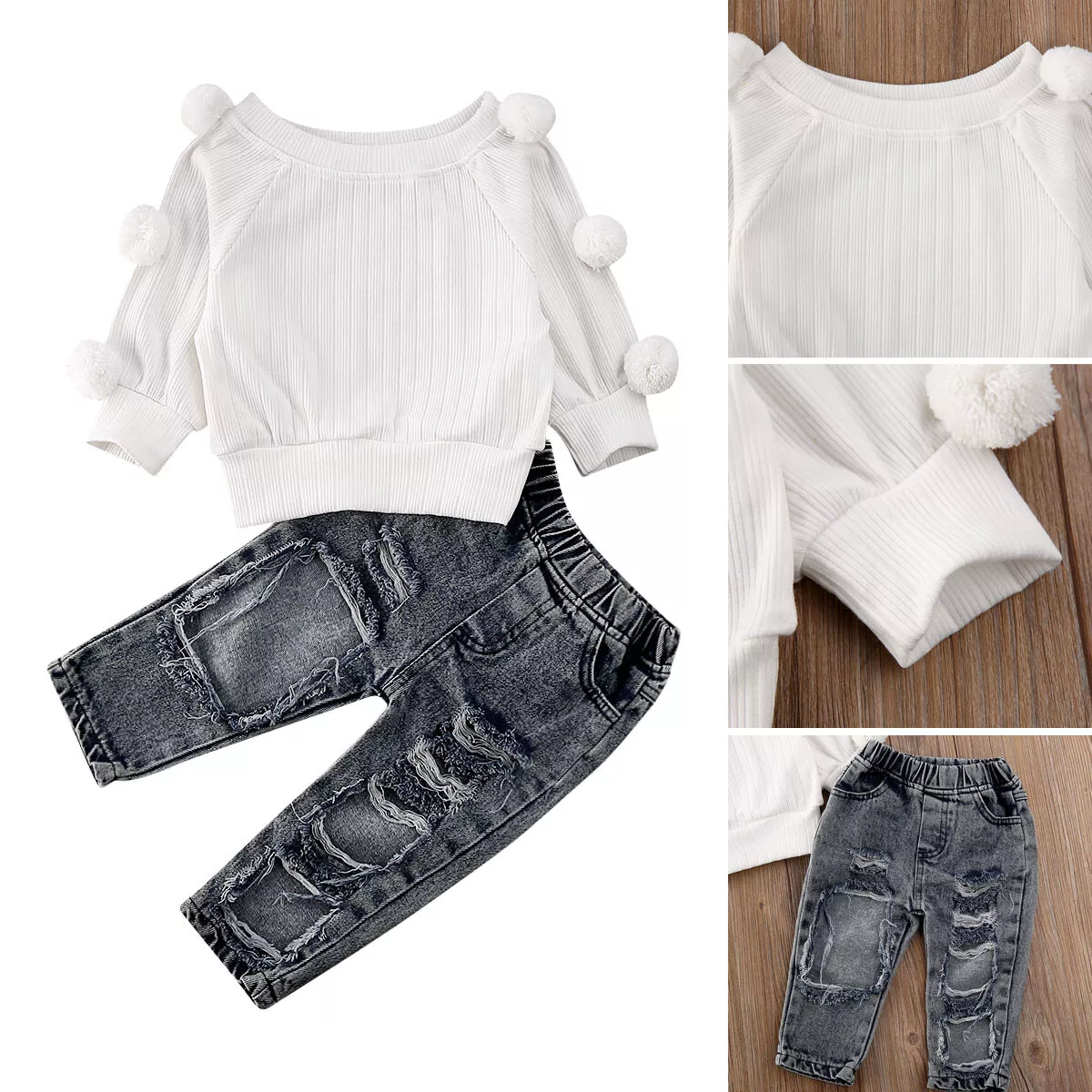 Cute Baby Girls Outfits Tops+Ripped Legging Trousers 2pcs Outfits Clothes  Set 