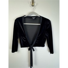 Black Velvet Tie Front Shrug Cropped Bolero Cardigan Womens M