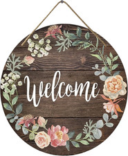 Front Door Welcome Sign, Rustic round Wreath Colourful Floral Wooden Hanging