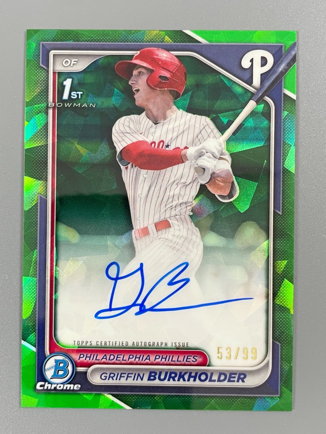 GRIFFIN BURKHOLDER 2024 BOWMAN CHROME DRAFT SAPPHIRE GREEN REFRACTOR AUTO 12/99