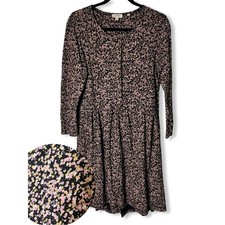 90s Y2K Fatface Ditsy Floral Long Sleeve Babydoll Dress Pockets Sz 8 Black Pink