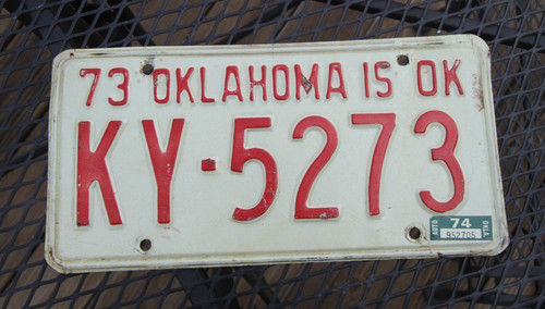 Original 1973- 1974 Oklahoma License Plate, KY-5273, Kay County