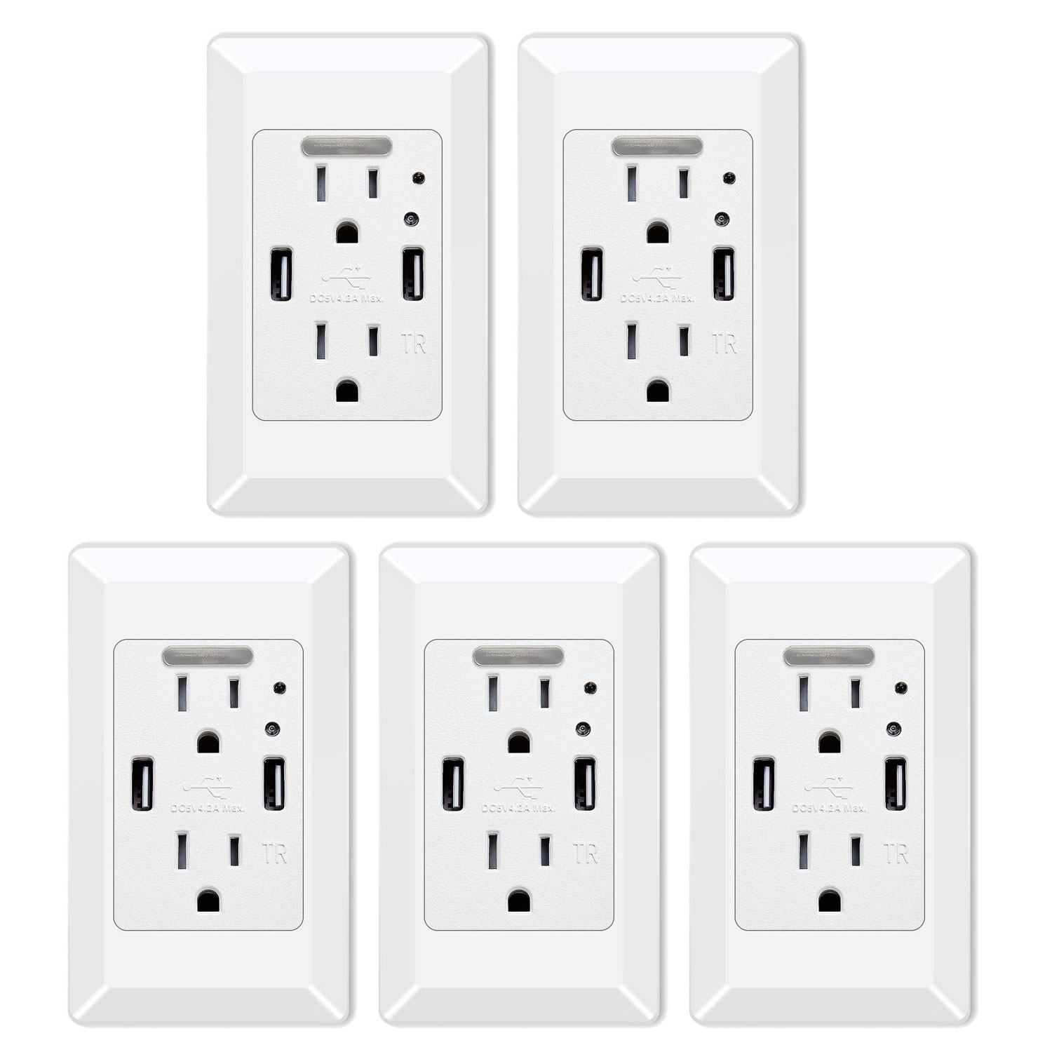 5PK LED Night Lights Wall USB Outlet Charger Weather Resistant Receptacle Plug