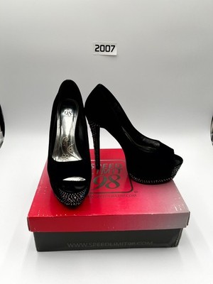 Speed Limit 98 Womens 7.5 Pump Black Lami Suede Rhinestone Studded Stiletto Heel