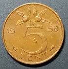 1958 Netherlands 5 Cents AU Condition Beautiful Coin, Low Mintage — photo 2