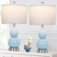 Double Gourd Ceramic Table Lamps Set of 2, Modern Blue Bedside Lamps for Nigh...