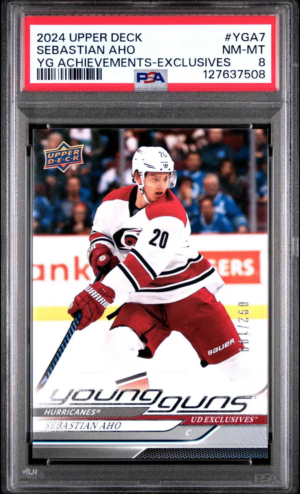 2024-25 Upper Deck Young Guns Sebastian Aho #YGA7 Exclusives 092/100 PSA 8 view 1