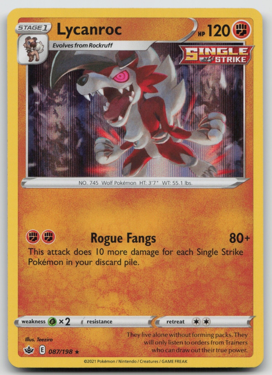 Pokemon Card Lycanroc Holo Rare SWSH06: Chilling Reign 087/198