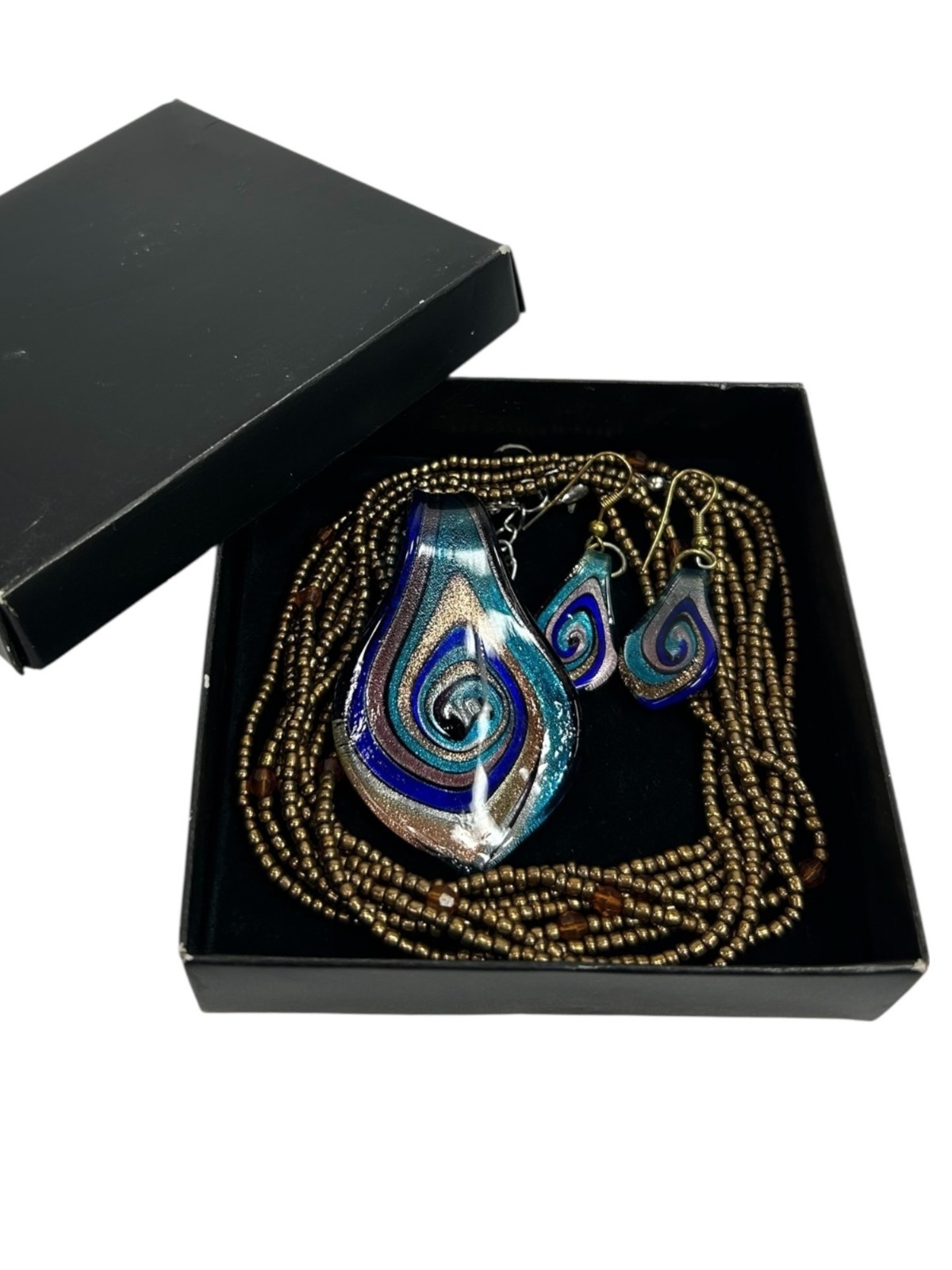 Glass Pendant Necklace & Earrings Set Blue Gold Swirl Teardrop Brass Orange Bead
