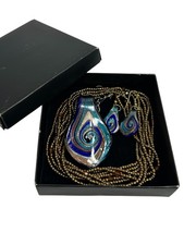 Glass Pendant Necklace Earrings Set Blue Gold Swirl Teardrop Brass Orange Bead