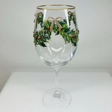 Christmas Wine Glasses Gold Bow Rhinestone Holly Jeweled Holiday Cocktail NEW