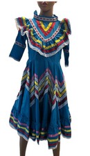 Girls Mexican Folklorico Jalisco Dance Dress Blue Multicolor Ribbon Lace