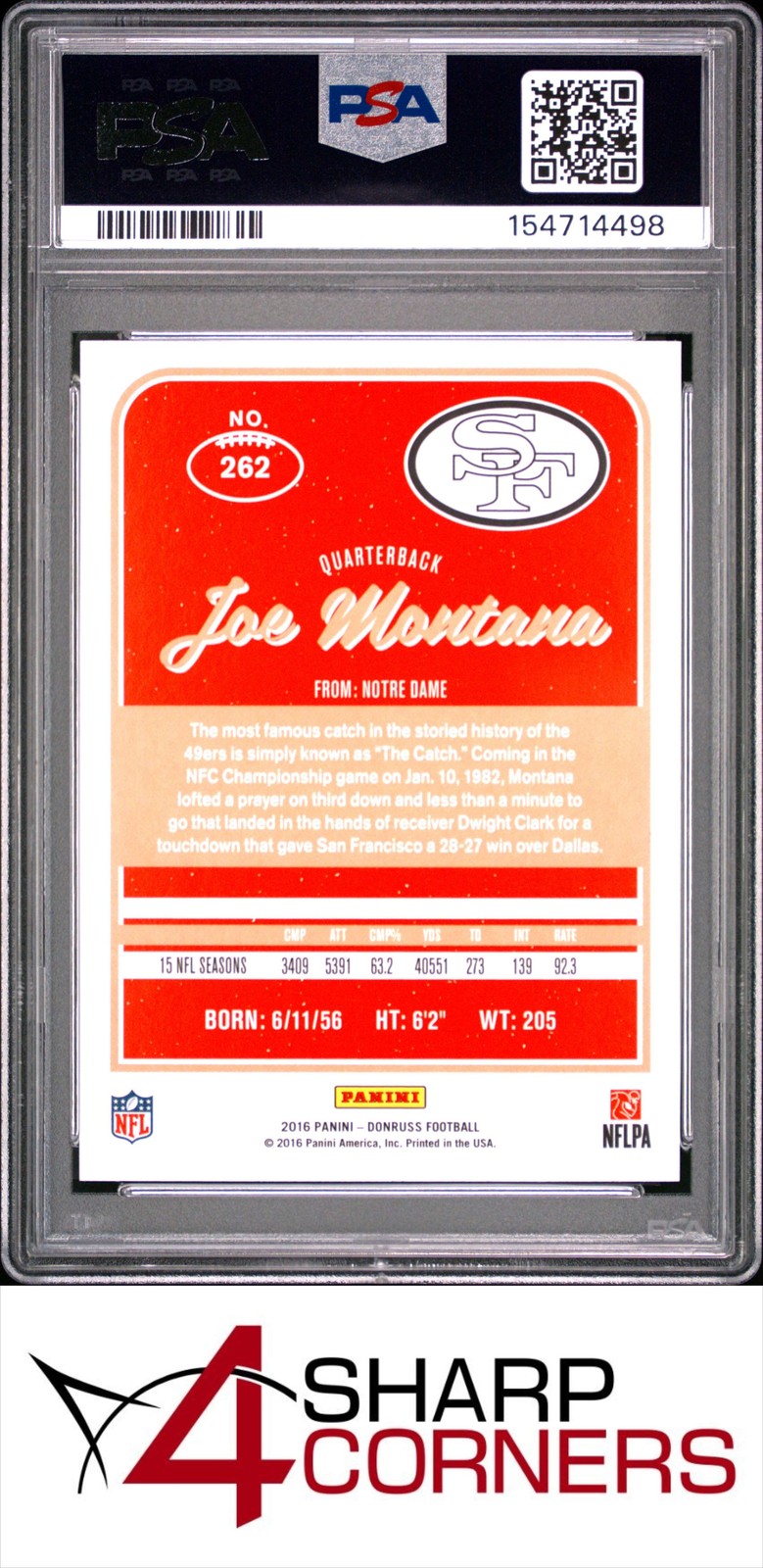 2016 PANINI DONRUSS #262 JOE MONTANA 49ERS HOF PSA 10 view 2