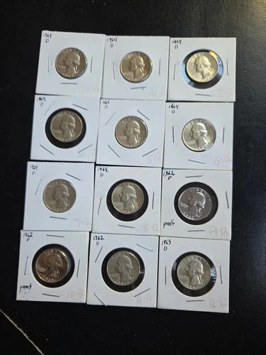1964 D Washington Silver Quarters 1962 D 1963 D 62 Proof Lot Of 12 Total 90%