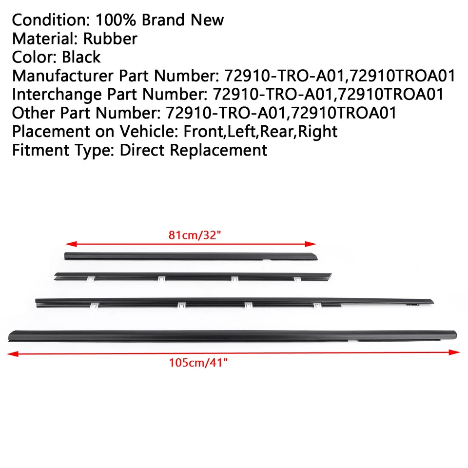 4x Cinturón de sellado para molduras de ventana de resistente al clima para Honda Civic 2012-2015 EE. UU. Foto 3 de 4