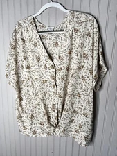 Cozy Co by Cozy Casual Shirt Womens 2X Ivory Brown Floral V Neck Twist Front
