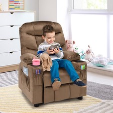 Costway Kids Youth Recliner Chair Velvet Fabric Armrest Sofa w/Cup Holder Brown