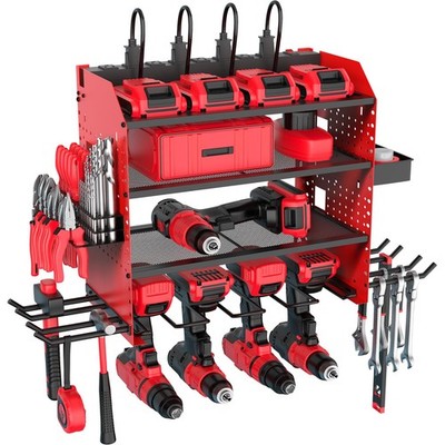 Heavy Duty Power Tool Organizer Wall Mount with Charging Station, 4 Layer Gar...