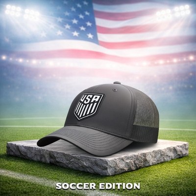 USA Soccer Snapback Hat | American Leather Patch Cap | Black-Tan-Saddle Brown
