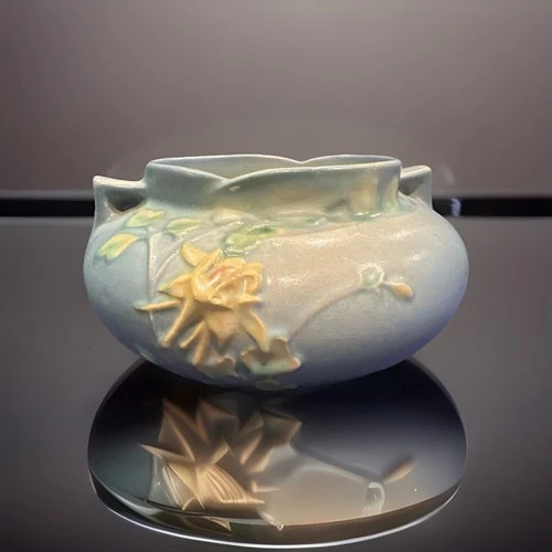 Roseville Columbine Frost Blue 4”  VTG 1940’s Jardiniere Pottery Planter 655-4