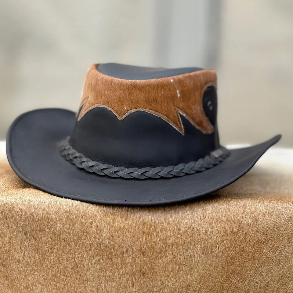 Sombrero de Vaquero Premium Negro Piel de Vaca - Unisex Estilo Occidental con Banda Trenzada Foto 4 de 4