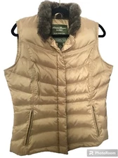 Eddie Bauer Goose Down Vest Jacket Rich Tan Faux Fur Collar Zip Quilted Women M