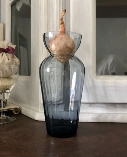 antik Art Déco Glasvase Hyazinthenglas Vase Zwiebelglas Glas blaugrau gerippt - Bild 3 von 14